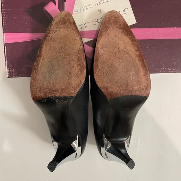 Stuart Weitzman Black with Shiny Silver Metallic High Heels - Picture 6 of 6